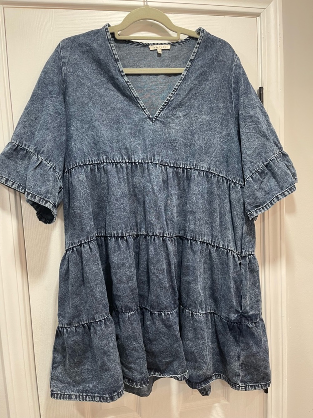 Washed Denim Look Blue Tiered Mini Dress